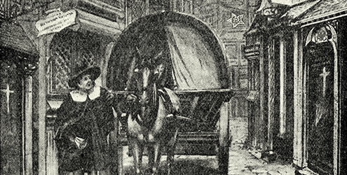 Black and white drawing of a man, horse and cart collecting the dead during London's plague