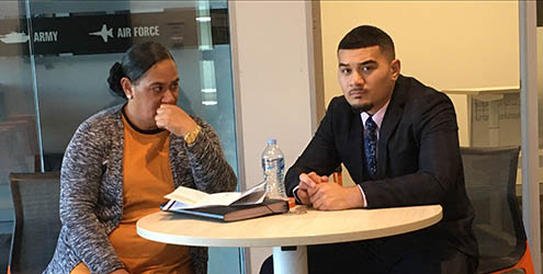 Mother and son on campus