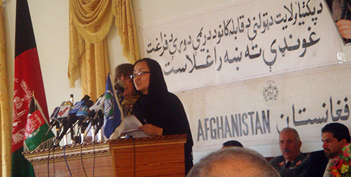 Dr Sabera Turkmani speaking in Afghanistan