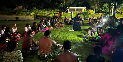 The meke ceremony involving Dama residents, ACU students and the Think Pacific team